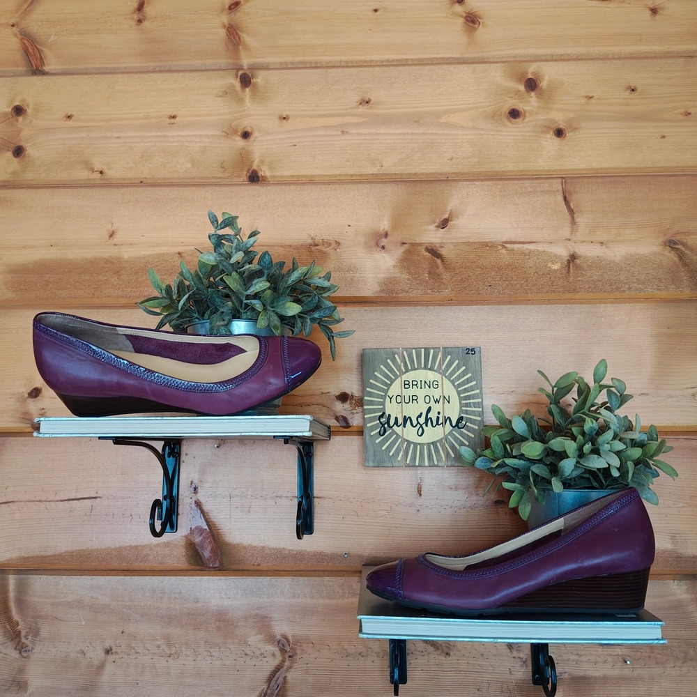 Cole Haan Air Tali Sloane Purple Leather Patent Cap Toe Wedge Heel D39683 Sz 9 B
